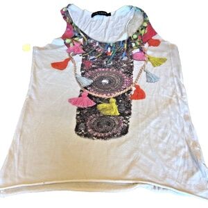 ANTIK BATIK Ladies' Boho‎ Graphic Print Tank Top; White; XS